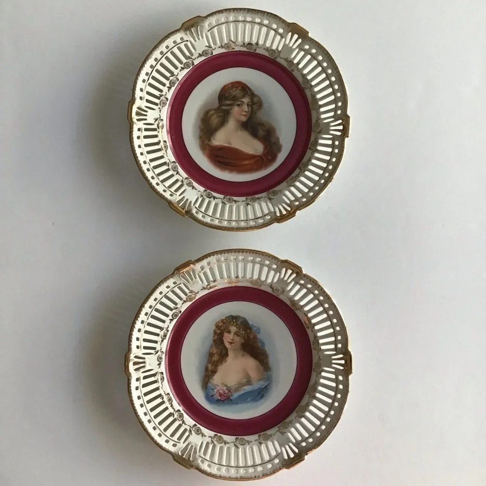 PAIR Portrait Plate Reticulated Maidens Paul's Gifts FRP & Co NY Germany Vintage